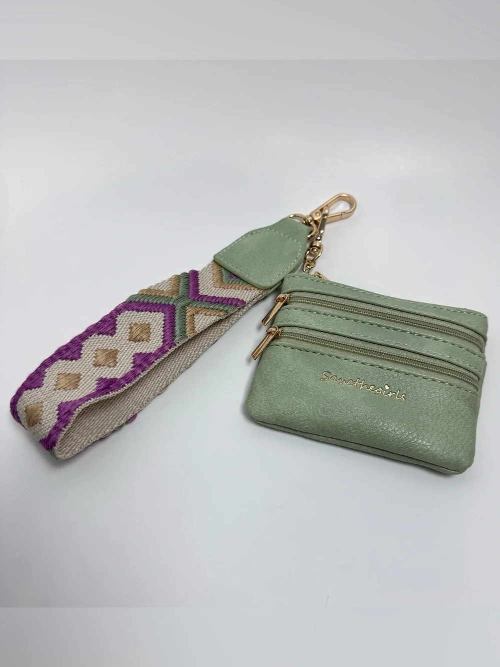 Save The Girls Clip & Go Sage Lilac Phone Strap Triple Zip Pouch NWT